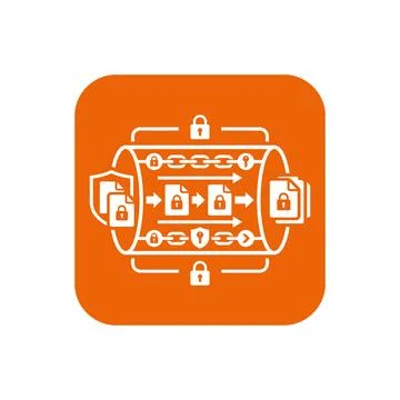 Blockchain technology icon secure document chain data exchange on orange ba.. Illustrazione stock