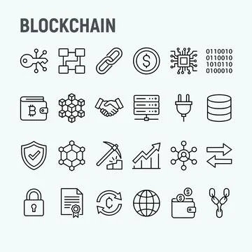 Blockchain technology icons set including key, network nodes, chain link, d.. Stock Illustration