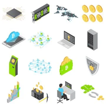 Blockchain technology icons set, isometric style Stock Illustration