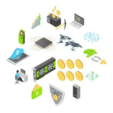 Blockchain technology icons set, isometric style Stock Illustration