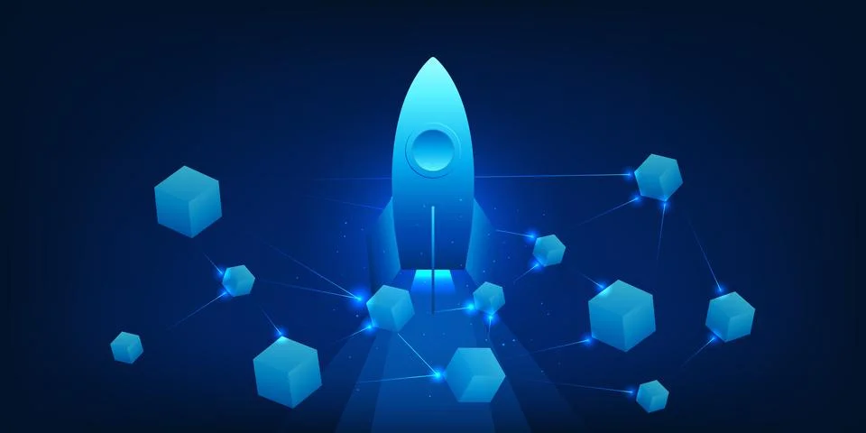 Blockchain technology illustration with connected data blocks and a rocket .. 스톡 일러스트