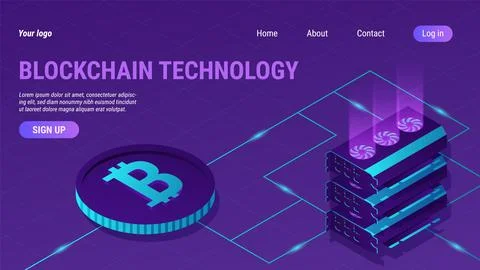 Blockchain technology landing page. Crypto currency mining. Isometric Ethereum Illustrazione stock