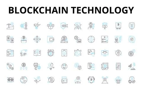 Blockchain technology linear icons set. Cryptography, Decentralization, Peer-to Stock Illustration