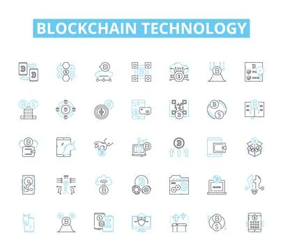 Blockchain technology linear icons set. Cryptography, Decentralization, Peer-to Stock Illustration