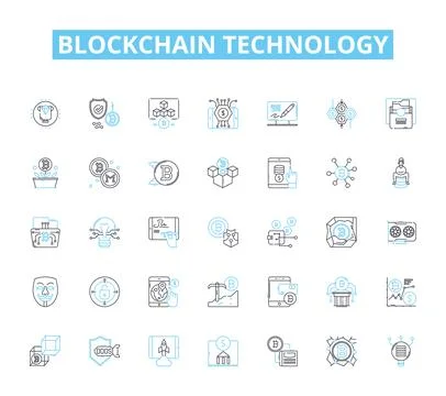 Blockchain technology linear icons set. Cryptography, Decentralization, Peer-to Stock Illustration