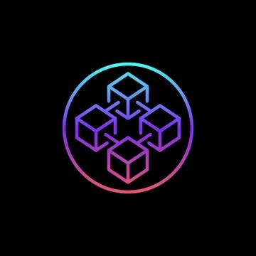 Blockchain Technology linear vector blue icon. Circle with Four Blocks sign Stockillustratie