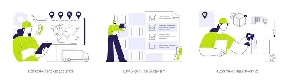 Blockchain technology in logistics abstract concept vector illustrations. Stockillustratie