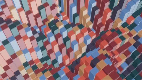 Blockchain technology. Multiple pastel red, yellow, blue, green, cubes, clusters Illustrazione stock