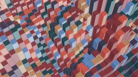 Blockchain technology. Multiple pastel red, yellow, blue, green, cubes, clusters イラスト素材