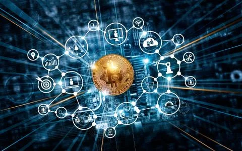 Blockchain technology network. Bitcoin cryptocurrency with blockchain icon Stock Photos