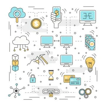 Blockchain technology process, vector illustration in flat linear style 스톡 일러스트