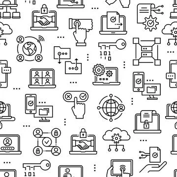 Blockchain technology seamless pattern with line icons. Illustrazione stock