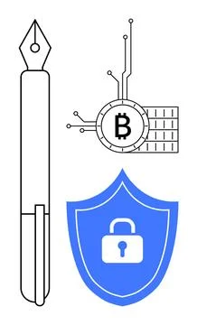 Blockchain Technology Security Symbol with Pen and Padlock on Blue Shield Stock Illustration