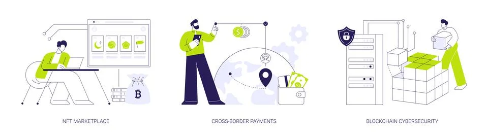 Blockchain technology use abstract concept vector illustrations. Illustrazione stock