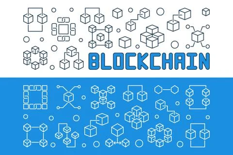 Blockchain technology vector outline banners set Stock Illustration