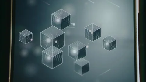 Blockchain technology visualization with floating cubes and flowing dot Stock Footage 333847343