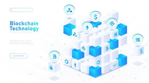 Blockchain technology white poster vector Stock Illustration