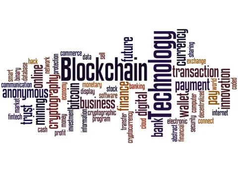 Blockchain technology, word cloud concept Illustrazione stock