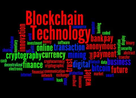 Blockchain technology, word cloud concept Illustrazione stock