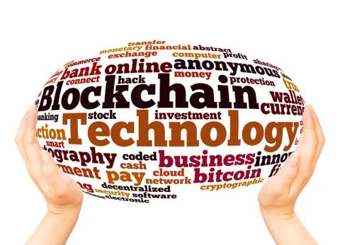 Blockchain technology word cloud hand sphere concept Stock Illustration