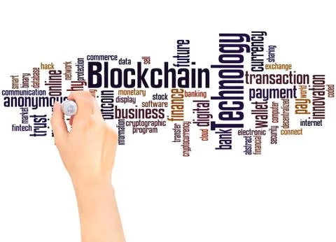 Blockchain technology word cloud hand writing concept Stock Illustration