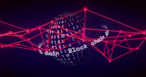 Blockchain text and binary code animation over globe with red network Stock Footage 306718830