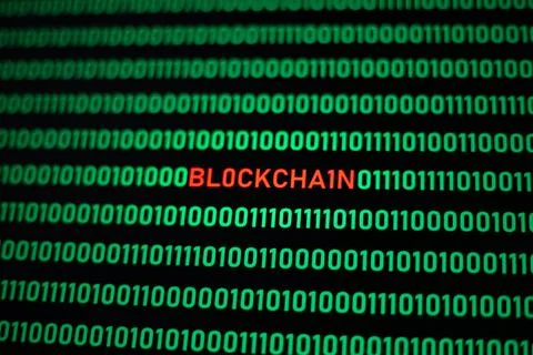 Blockchain text and binary code concept Foto stock