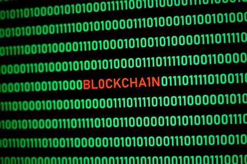 Blockchain text and binary code concept Stock Photos