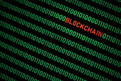 Blockchain text and binary code concept Foto stock