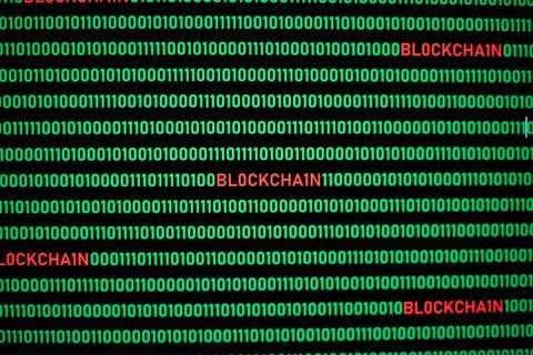 Blockchain text and binary code concept Foto stock