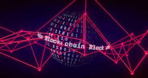 Blockchain text and binary code image over globe with red network connections 스톡 사진