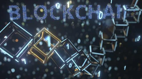 BLOCKCHAIN text and cubic chain and binary numbers. Cryptocurrency concept, 3D 库存插图