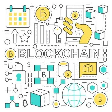 Blockchain text and global network finance concept with blockchain icons Stock Illustration