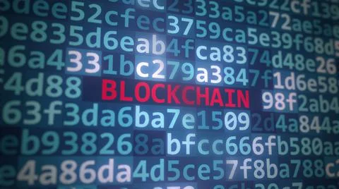 BLOCKCHAIN text and source code on the computer monitor, 3D rendering Stock Illustration