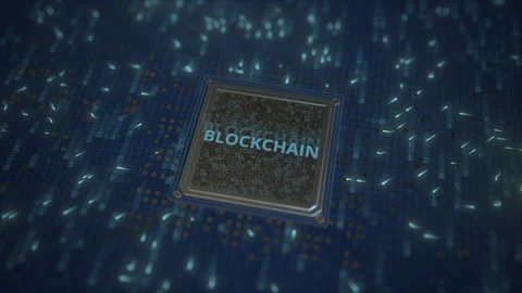 BLOCKCHAIN text on a computer processor 3d animation Stock Footage 151557308