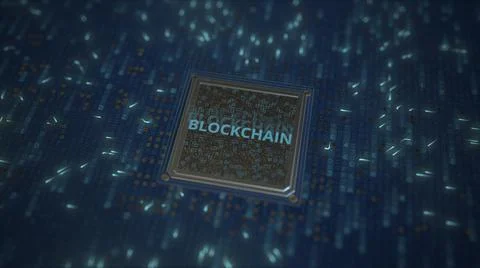 BLOCKCHAIN text on a computer processor 3d rendering イラスト素材
