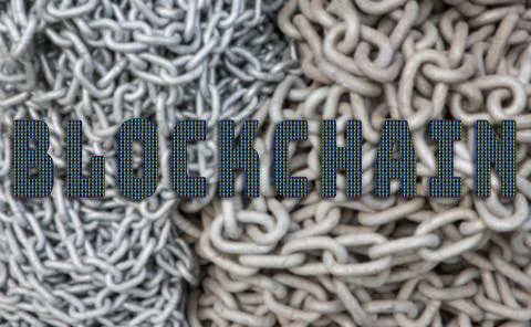 Blockchain text with oled screen macro pattern and chain background Stock Photos