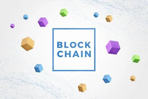 Blockchain text surrounded by blocks, cubes with binary code, and network Stockfoto's