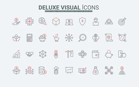 Blockchain thin black and red line icons set, cryptocurrency infrastructure Stock Illustration
