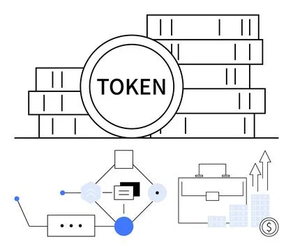 Blockchain Token Concept with Digital Currency, Blockchain Network, and イラスト素材