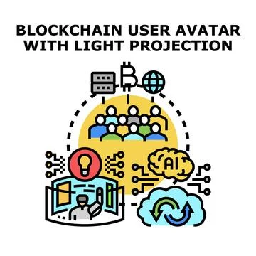 Blockchain user avatar interacting with digital light projection Stock Illustration