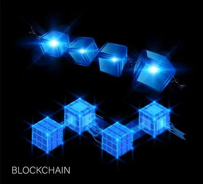 Blockchain vector design, energy glow cube blocks flight, shiny blue neon 3D Illustrazione stock