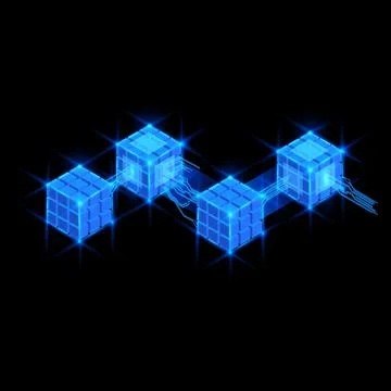 Blockchain vector design, energy glow cube blocks connection, shiny blue neon 3D Stockillustratie