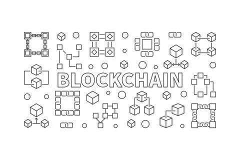 Blockchain vector horizontal banner in thin line style Stock Illustration