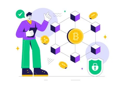 Blockchain Vector Illustration featuring a Tech Architect working at a Comp.. Stock Illustration