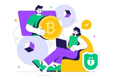 Blockchain Vector Illustration featuring a Tech Architect working at a Comp.. Stock Illustration