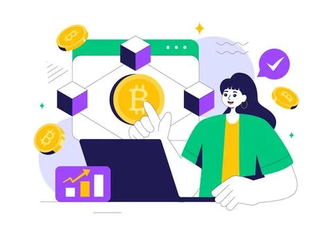 Blockchain Vector Illustration featuring a Tech Architect working at a Comp.. Stock Illustration