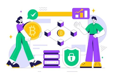 Blockchain Vector Illustration featuring a Tech Architect working at a Comp.. Stock Illustration