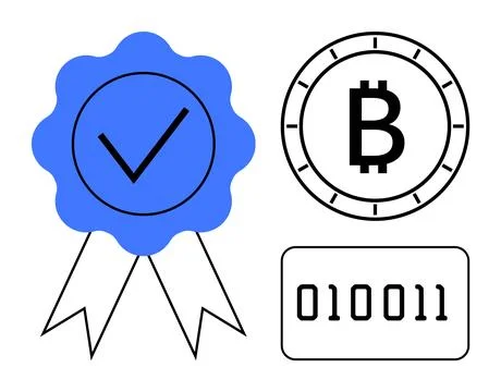 Blockchain Verification Badge with Checkmark, Bitcoin Symbol, and Binary Code Stock-Illustration