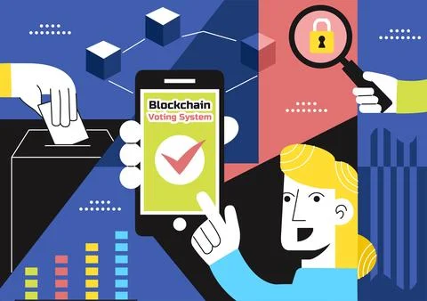 Blockchain Voting System Vector Illustration Showcasing Secure Decentralize.. Illustrazione stock